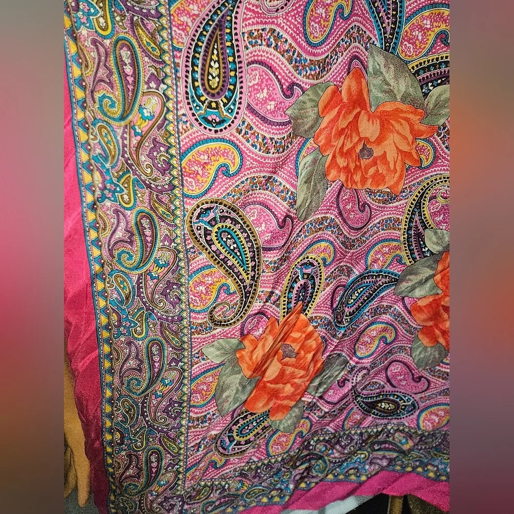 Adrienne Vittadini 100% Silk Paisley Floral Scarf Wrap Shawl. Magenta Pink Multi